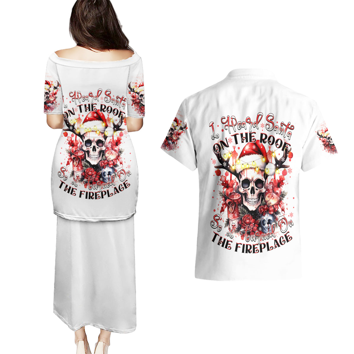 Skull Santa Claus Couples Matching Puletasi Dress and Hawaiian Shirt I Heard Santa On The Roof So I Turned On Fireplace - Wonder Print Shop