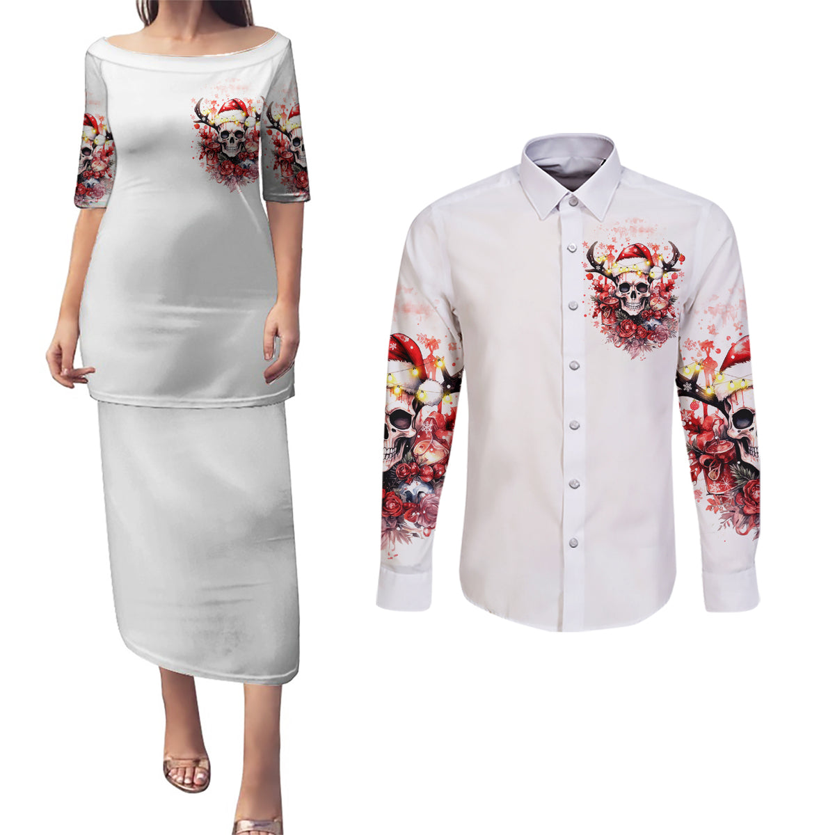 Skull Santa Claus Couples Matching Puletasi Dress and Long Sleeve Button Shirt I Heard Santa On The Roof So I Turned On Fireplace - Wonder Print Shop
