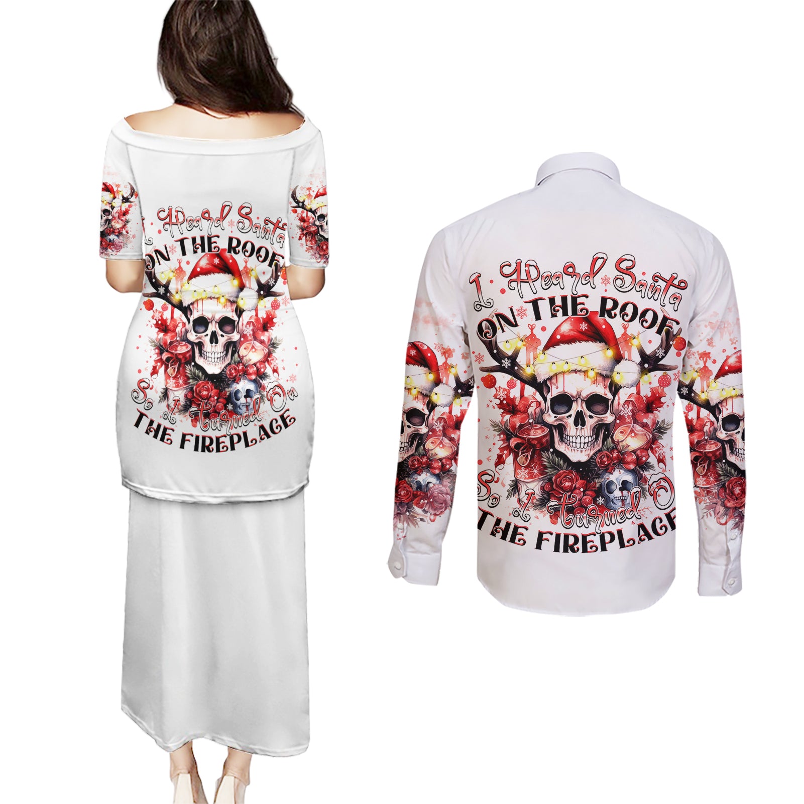 Skull Santa Claus Couples Matching Puletasi Dress and Long Sleeve Button Shirt I Heard Santa On The Roof So I Turned On Fireplace - Wonder Print Shop