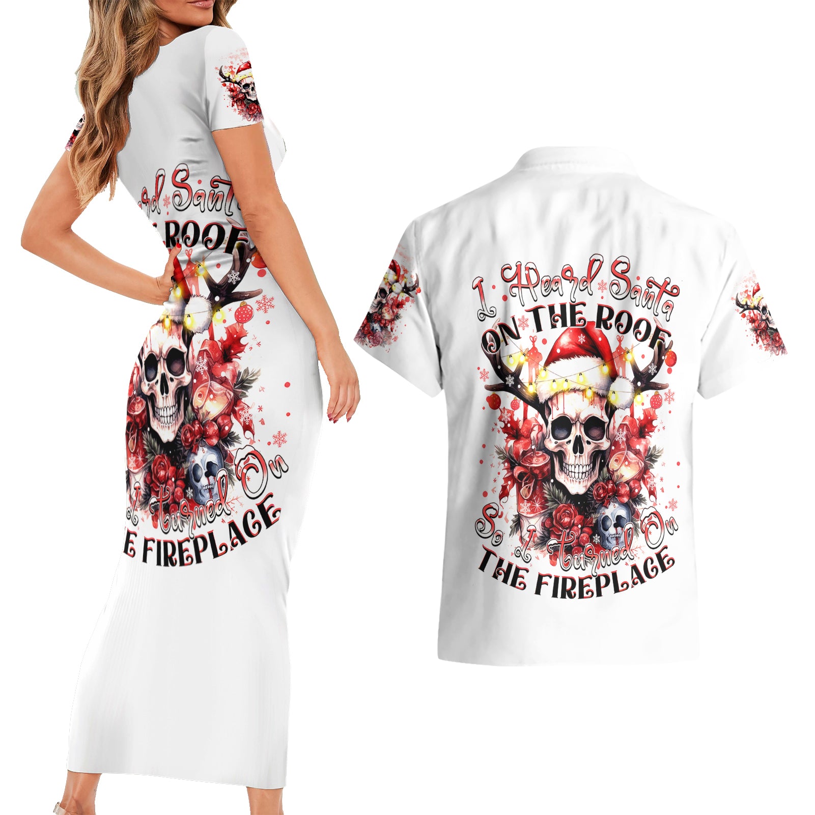 Skull Santa Claus Couples Matching Short Sleeve Bodycon Dress and Hawaiian Shirt I Heard Santa On The Roof So I Turned On Fireplace - Wonder Print Shop