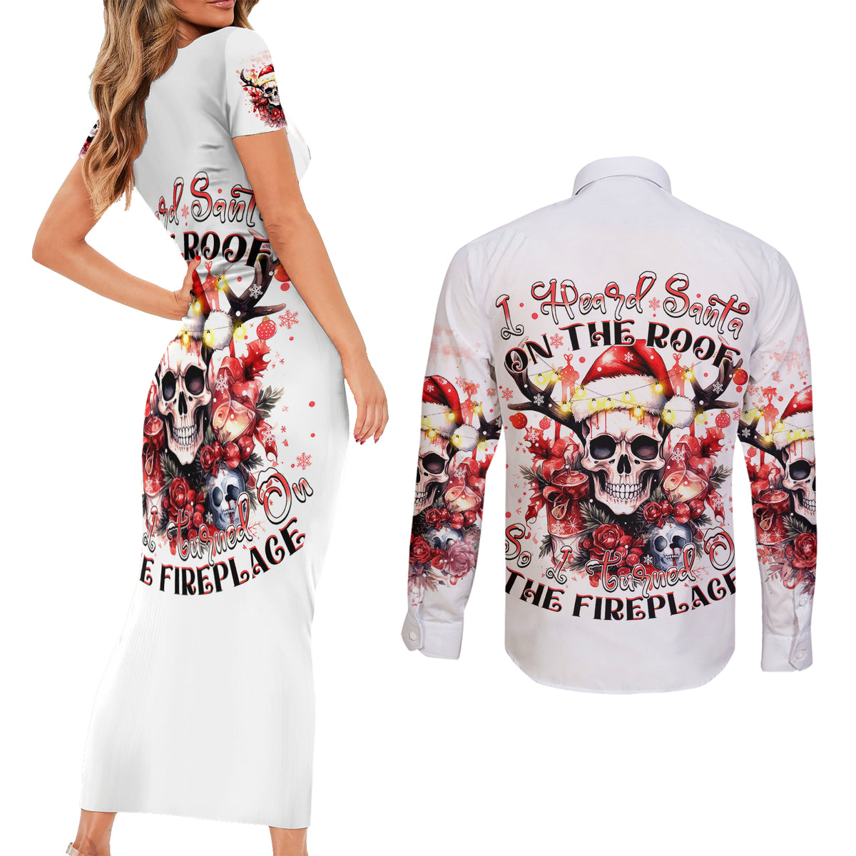 Skull Santa Claus Couples Matching Short Sleeve Bodycon Dress and Long Sleeve Button Shirt I Heard Santa On The Roof So I Turned On Fireplace - Wonder Print Shop