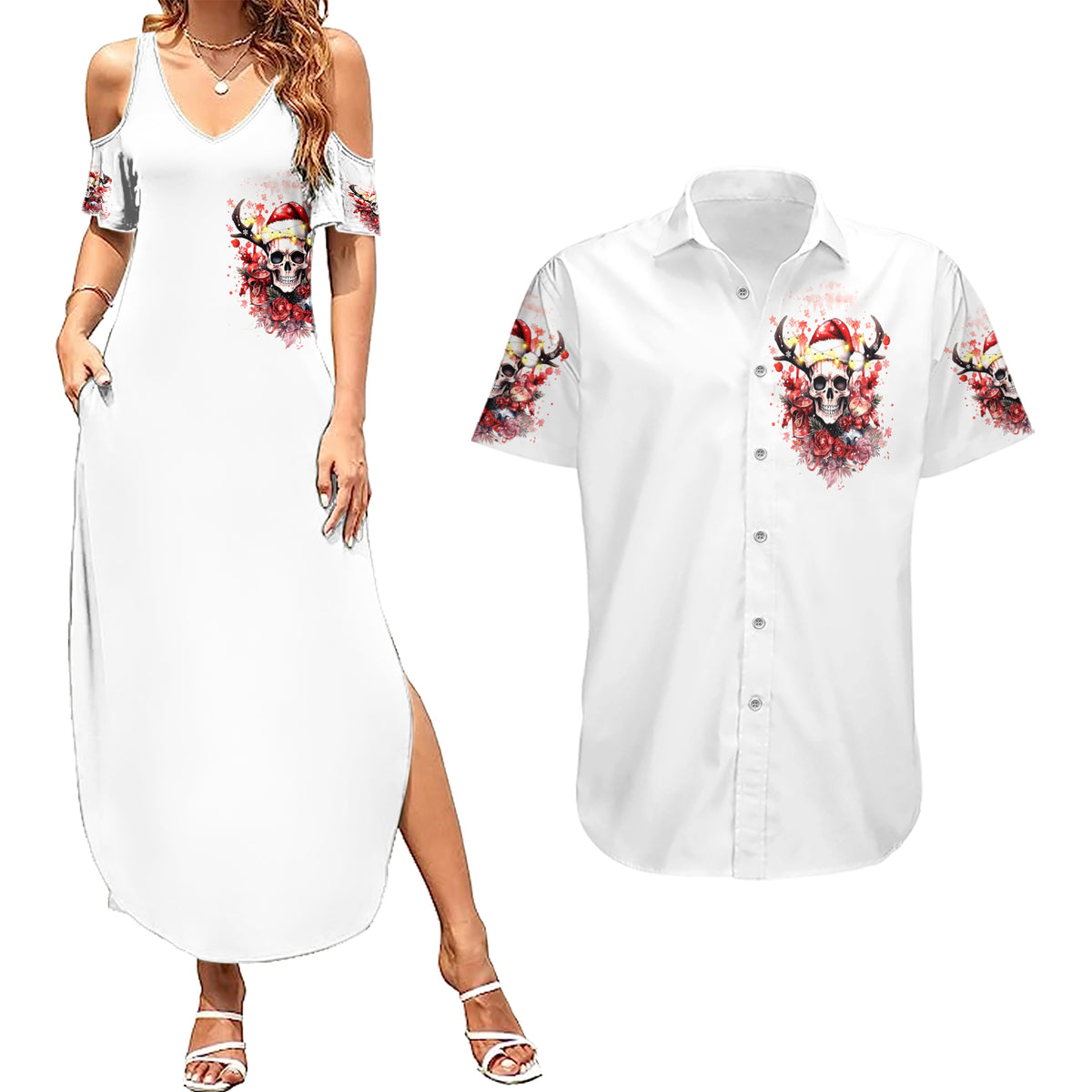 Skull Santa Claus Couples Matching Summer Maxi Dress and Hawaiian Shirt I Heard Santa On The Roof So I Turned On Fireplace - Wonder Print Shop