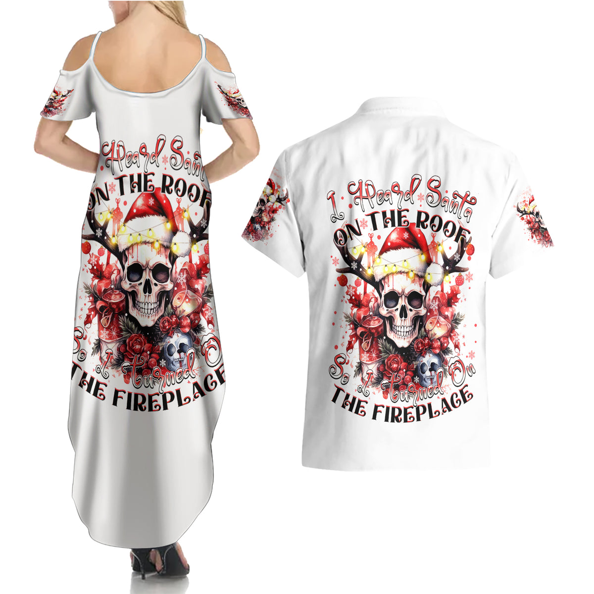 Skull Santa Claus Couples Matching Summer Maxi Dress and Hawaiian Shirt I Heard Santa On The Roof So I Turned On Fireplace - Wonder Print Shop