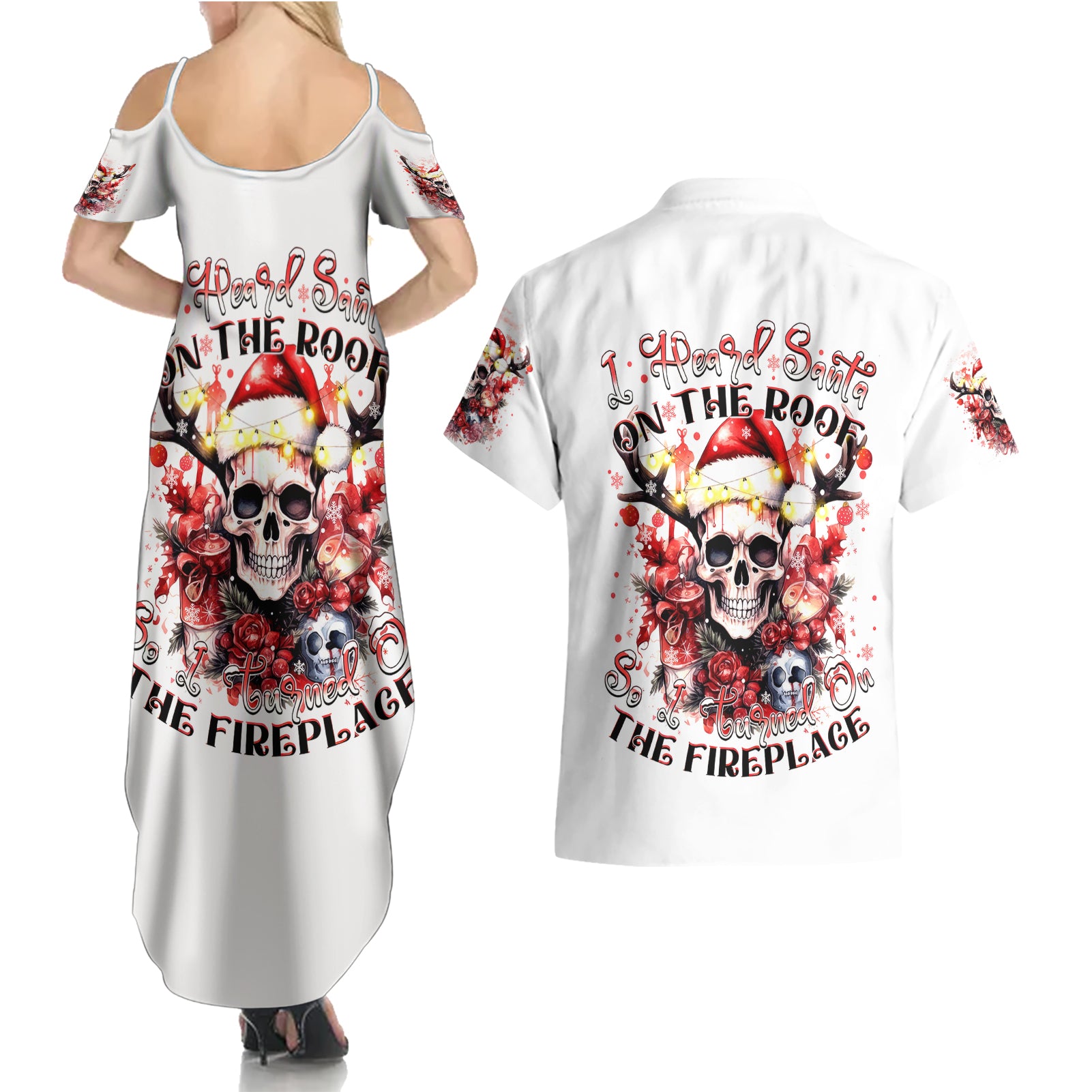 Skull Santa Claus Couples Matching Summer Maxi Dress and Hawaiian Shirt I Heard Santa On The Roof So I Turned On Fireplace - Wonder Print Shop