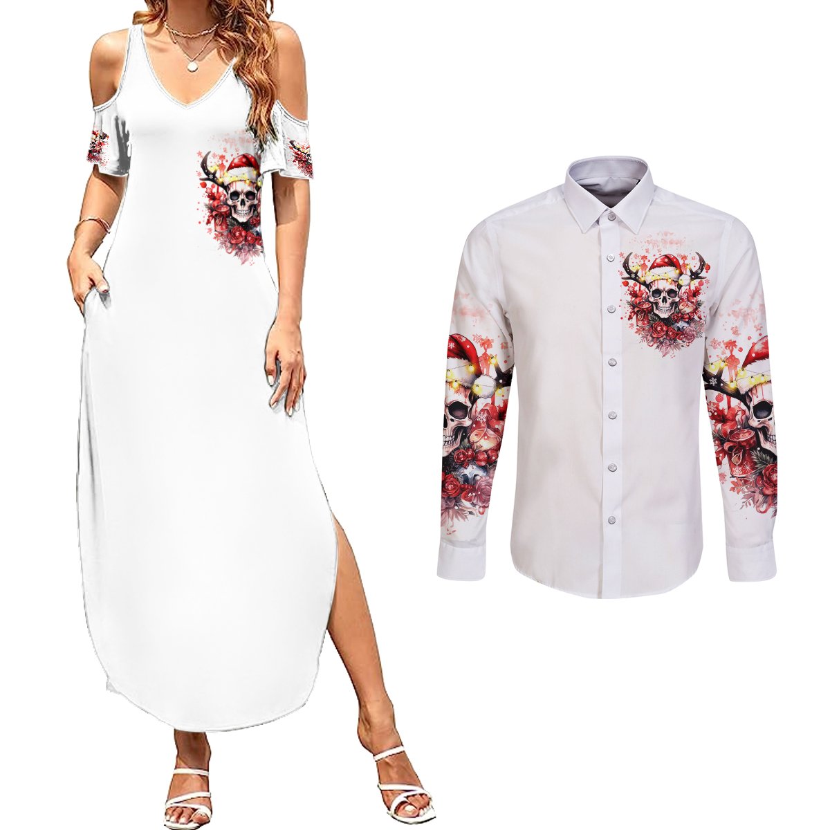 Skull Santa Claus Couples Matching Summer Maxi Dress and Long Sleeve Button Shirt I Heard Santa On The Roof So I Turned On Fireplace - Wonder Print Shop
