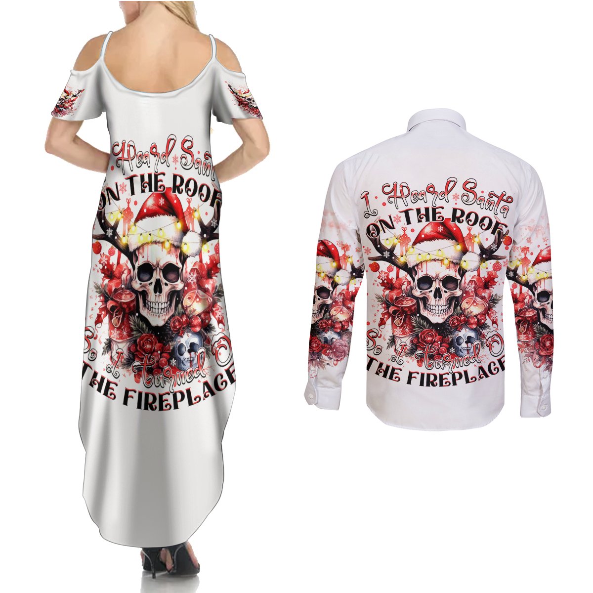 Skull Santa Claus Couples Matching Summer Maxi Dress and Long Sleeve Button Shirt I Heard Santa On The Roof So I Turned On Fireplace - Wonder Print Shop