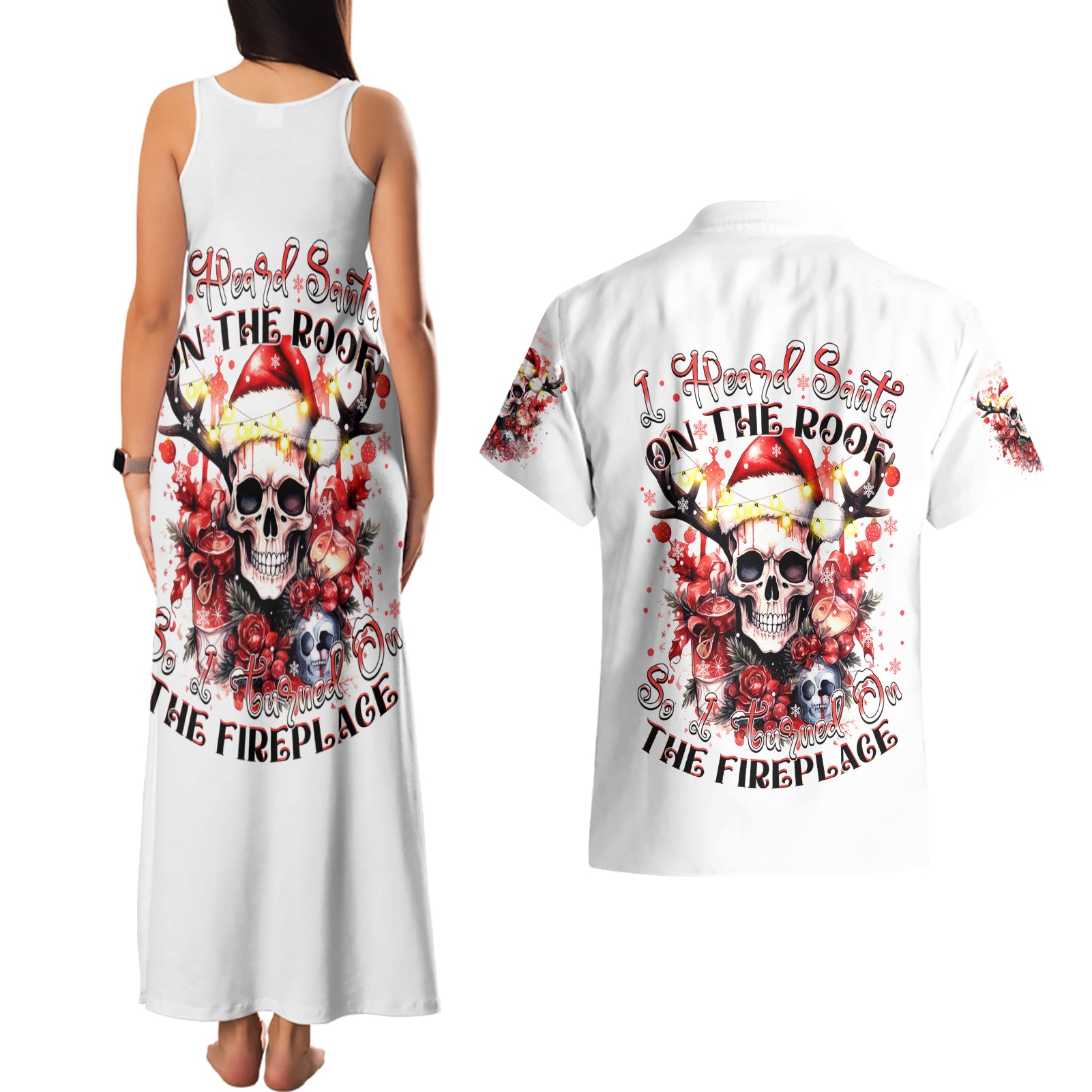 Skull Santa Claus Couples Matching Tank Maxi Dress and Hawaiian Shirt I Heard Santa On The Roof So I Turned On Fireplace - Wonder Print Shop