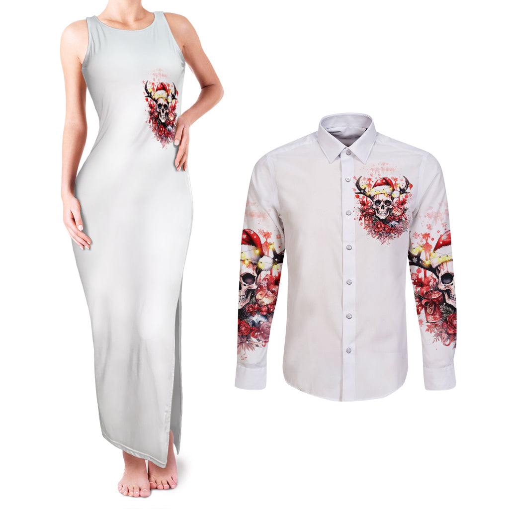 Skull Santa Claus Couples Matching Tank Maxi Dress and Long Sleeve Button Shirt I Heard Santa On The Roof So I Turned On Fireplace - Wonder Print Shop