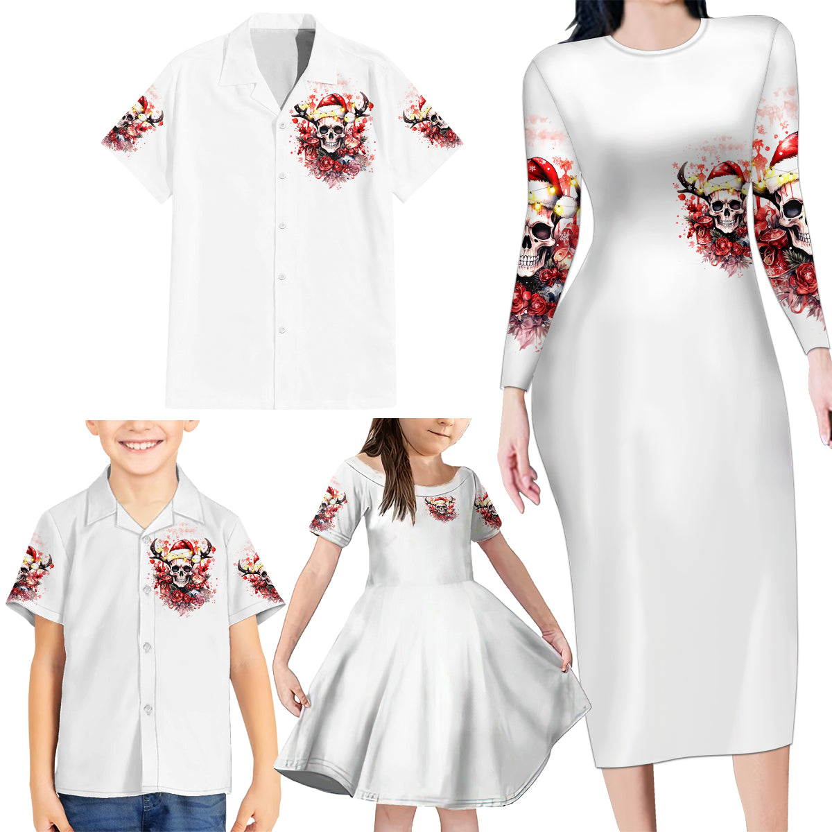Skull Santa Claus Family Matching Long Sleeve Bodycon Dress and Hawaiian Shirt I Heard Santa On The Roof So I Turned On Fireplace - Wonder Print Shop