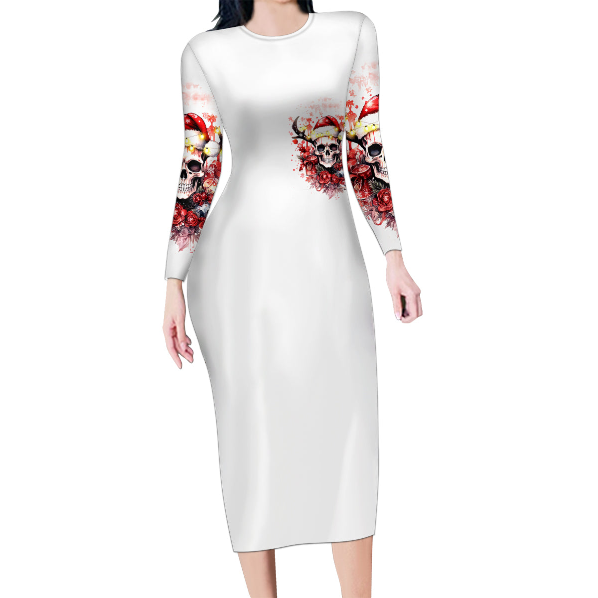 Skull Santa Claus Family Matching Long Sleeve Bodycon Dress and Hawaiian Shirt I Heard Santa On The Roof So I Turned On Fireplace - Wonder Print Shop