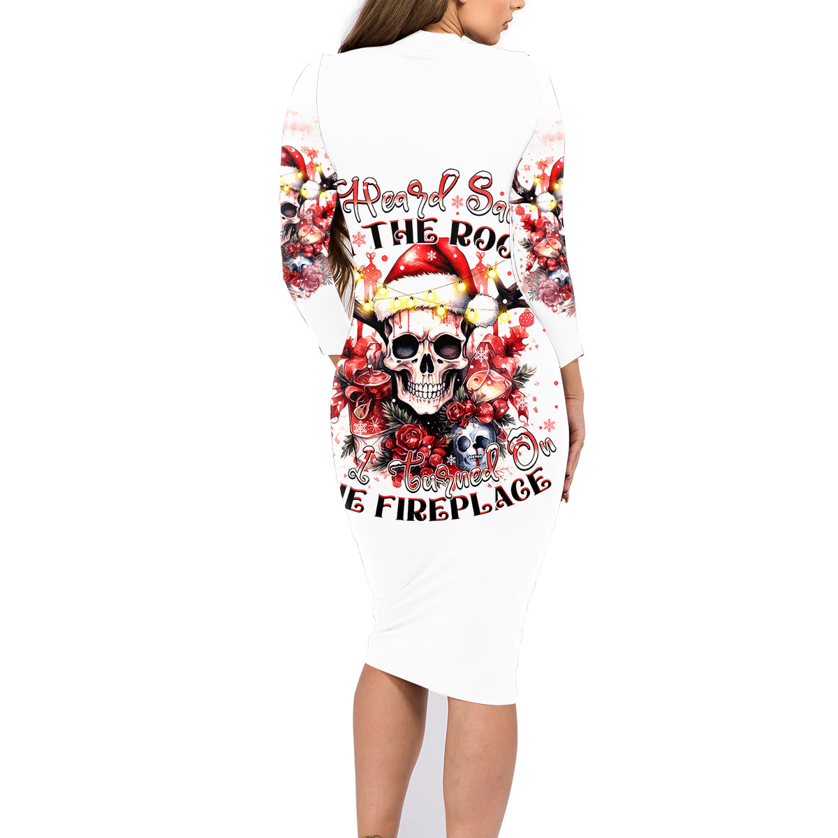 Skull Santa Claus Family Matching Long Sleeve Bodycon Dress and Hawaiian Shirt I Heard Santa On The Roof So I Turned On Fireplace - Wonder Print Shop