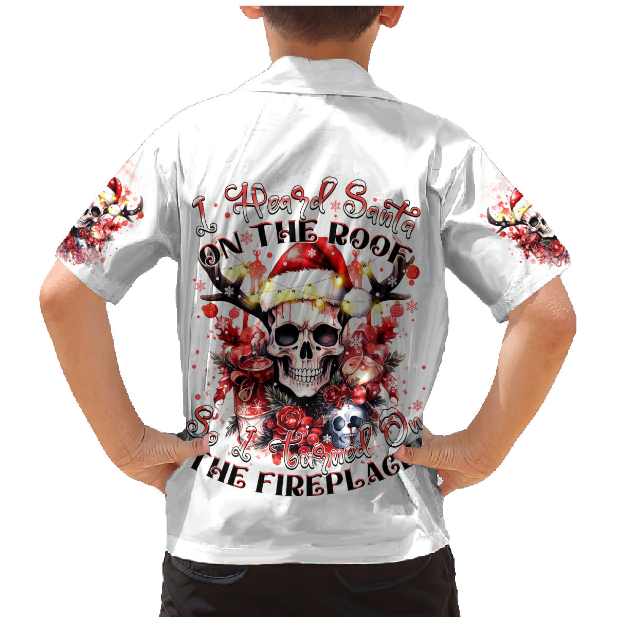 Skull Santa Claus Family Matching Mermaid Dress and Hawaiian Shirt I Heard Santa On The Roof So I Turned On Fireplace - Wonder Print Shop