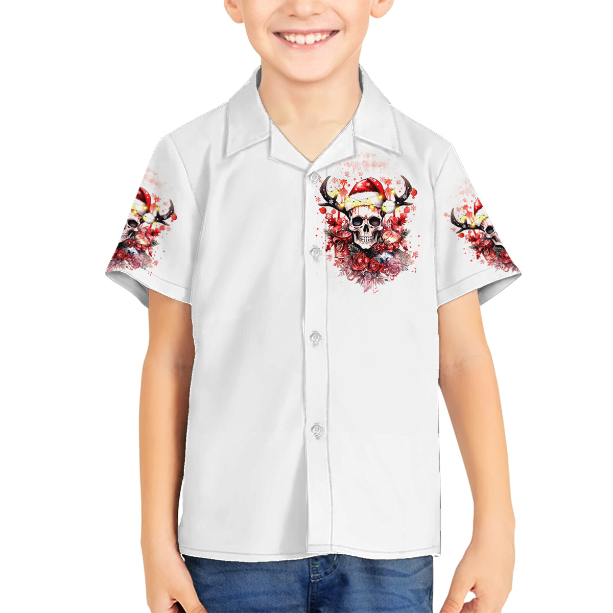 Skull Santa Claus Family Matching Off Shoulder Long Sleeve Dress and Hawaiian Shirt I Heard Santa On The Roof So I Turned On Fireplace - Wonder Print Shop