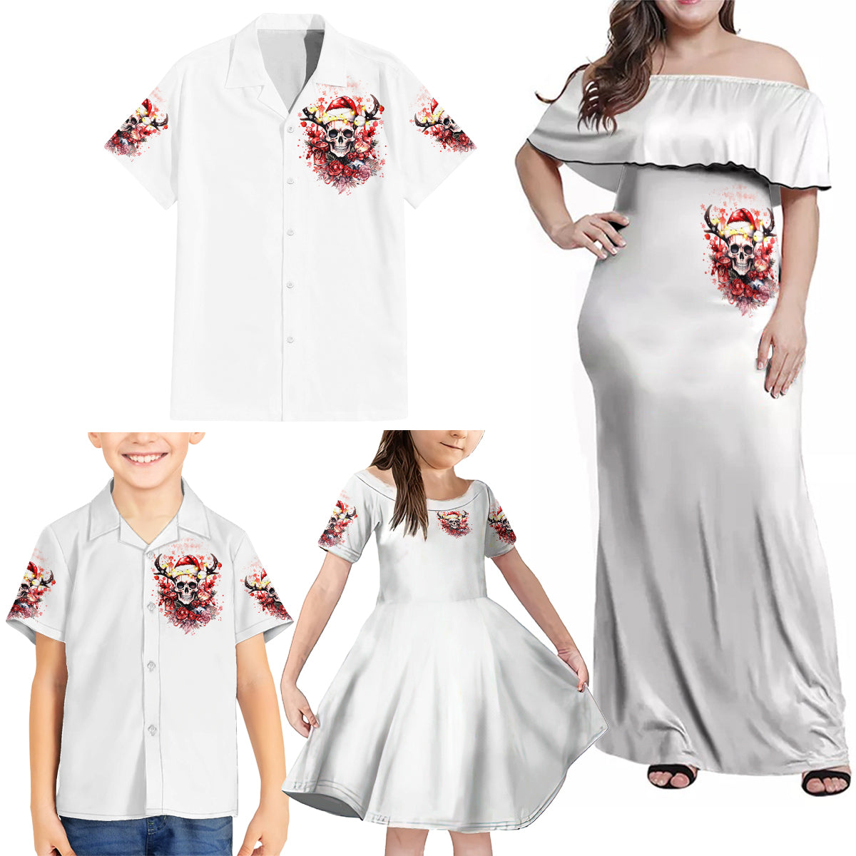 Skull Santa Claus Family Matching Off Shoulder Maxi Dress and Hawaiian Shirt I Heard Santa On The Roof So I Turned On Fireplace - Wonder Print Shop
