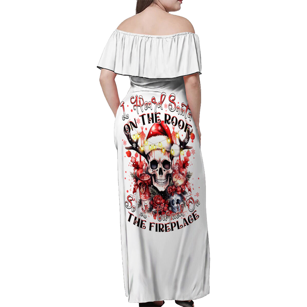 Skull Santa Claus Family Matching Off Shoulder Maxi Dress and Hawaiian Shirt I Heard Santa On The Roof So I Turned On Fireplace - Wonder Print Shop