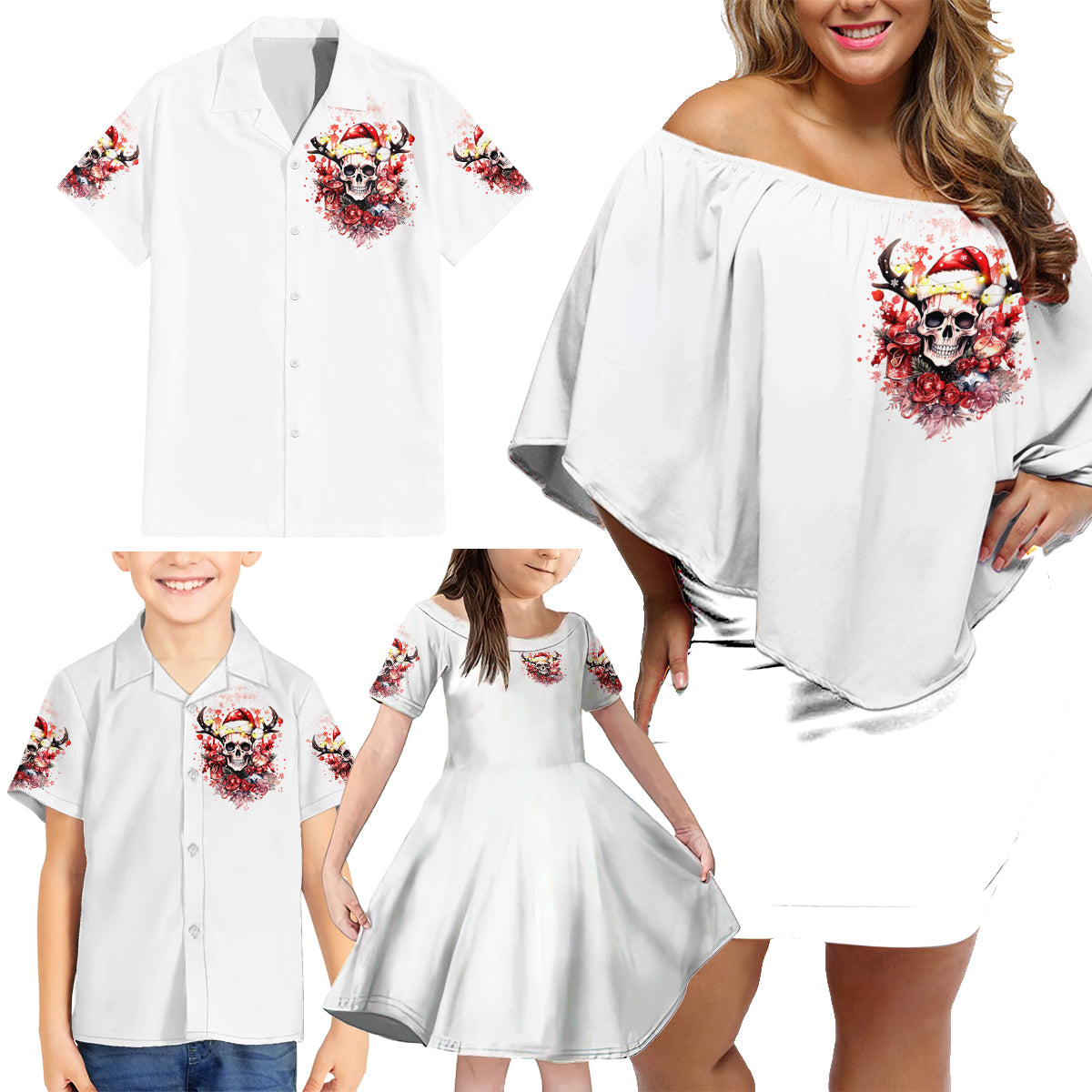 Skull Santa Claus Family Matching Off Shoulder Short Dress and Hawaiian Shirt I Heard Santa On The Roof So I Turned On Fireplace - Wonder Print Shop