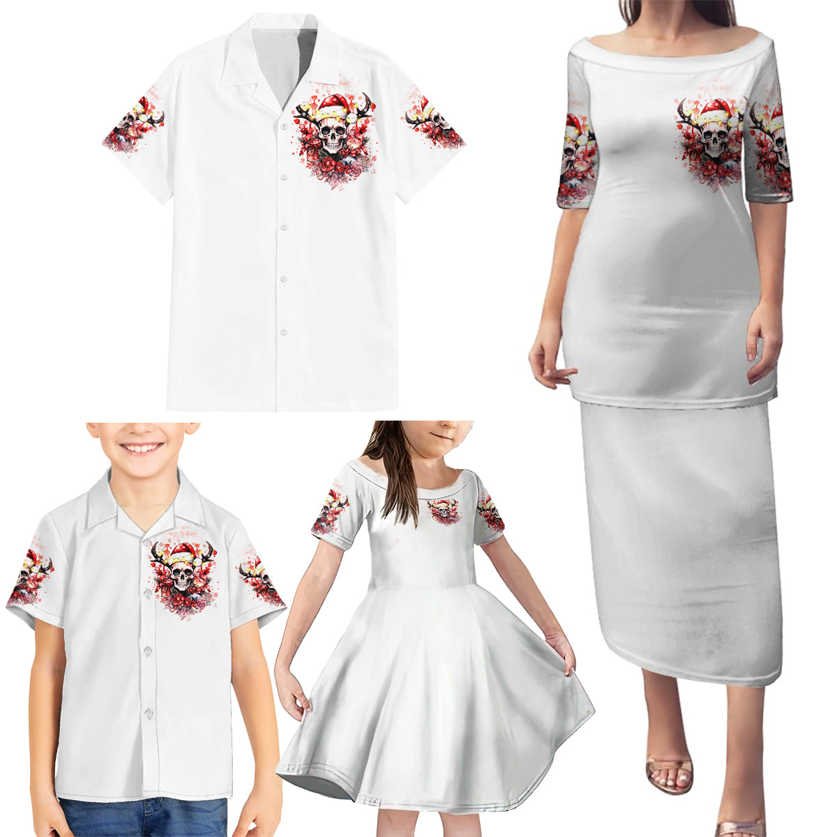 Skull Santa Claus Family Matching Puletasi Dress and Hawaiian Shirt I Heard Santa On The Roof So I Turned On Fireplace - Wonder Print Shop