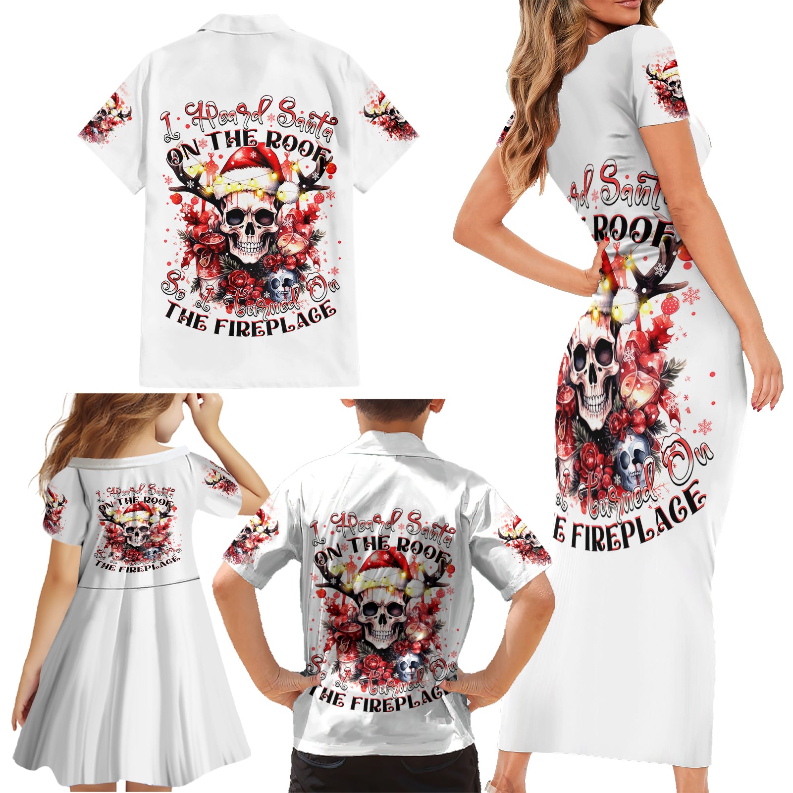 Skull Santa Claus Family Matching Short Sleeve Bodycon Dress and Hawaiian Shirt I Heard Santa On The Roof So I Turned On Fireplace - Wonder Print Shop
