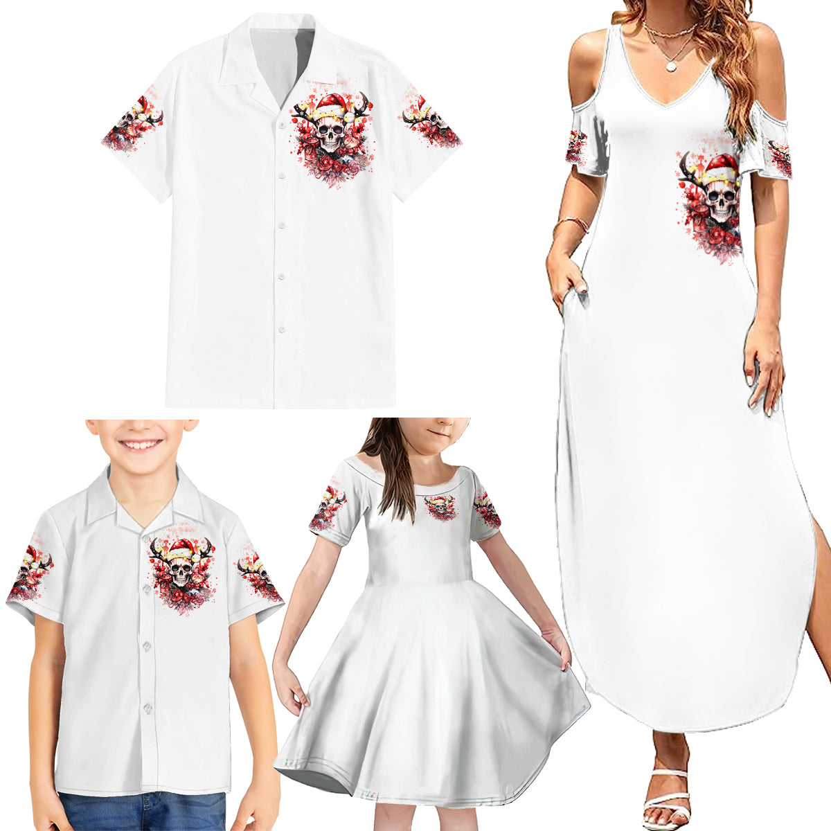 Skull Santa Claus Family Matching Summer Maxi Dress and Hawaiian Shirt I Heard Santa On The Roof So I Turned On Fireplace - Wonder Print Shop
