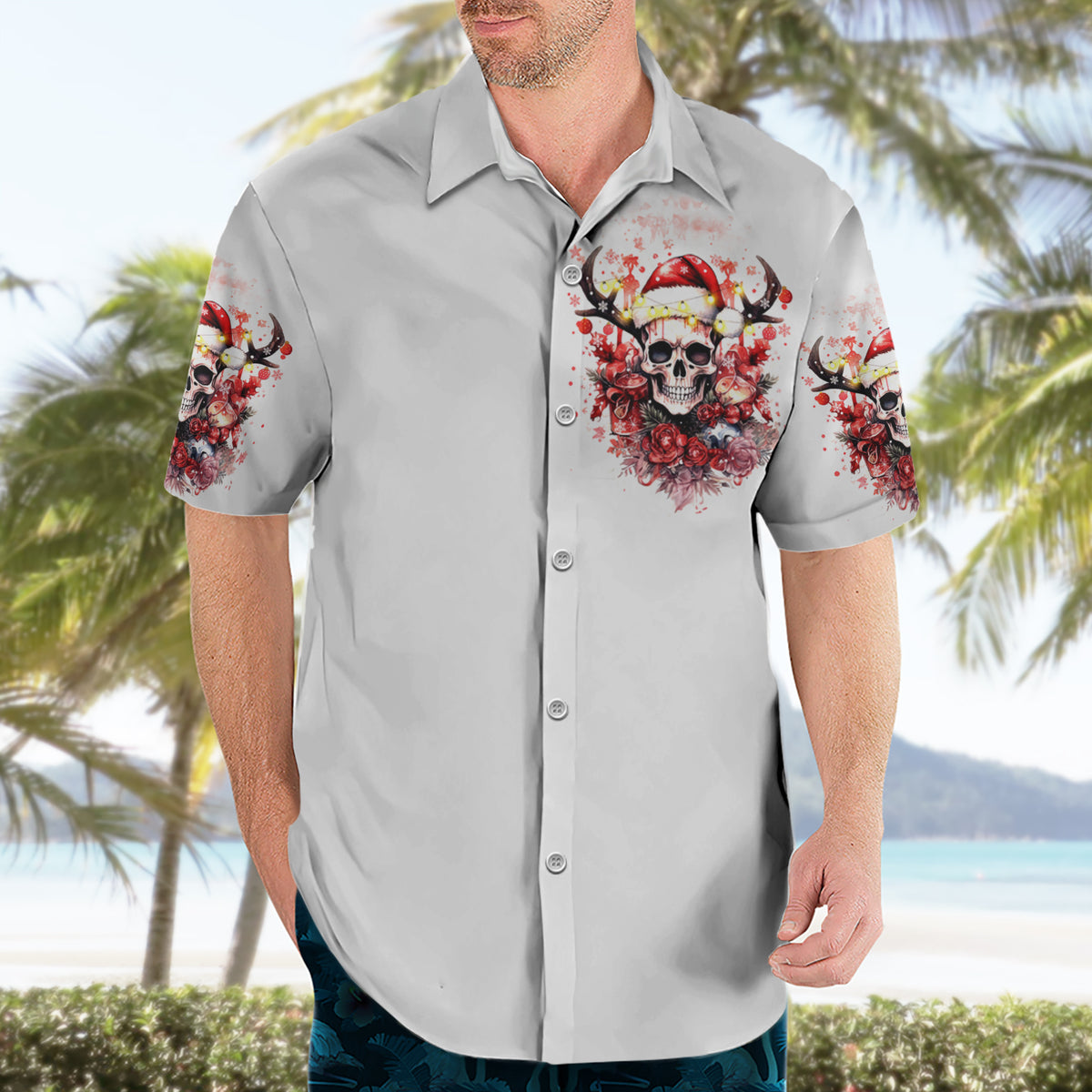 Skull Santa Claus Hawaiian Shirt I Heard Santa On The Roof So I Turned On Fireplace - Wonder Print Shop