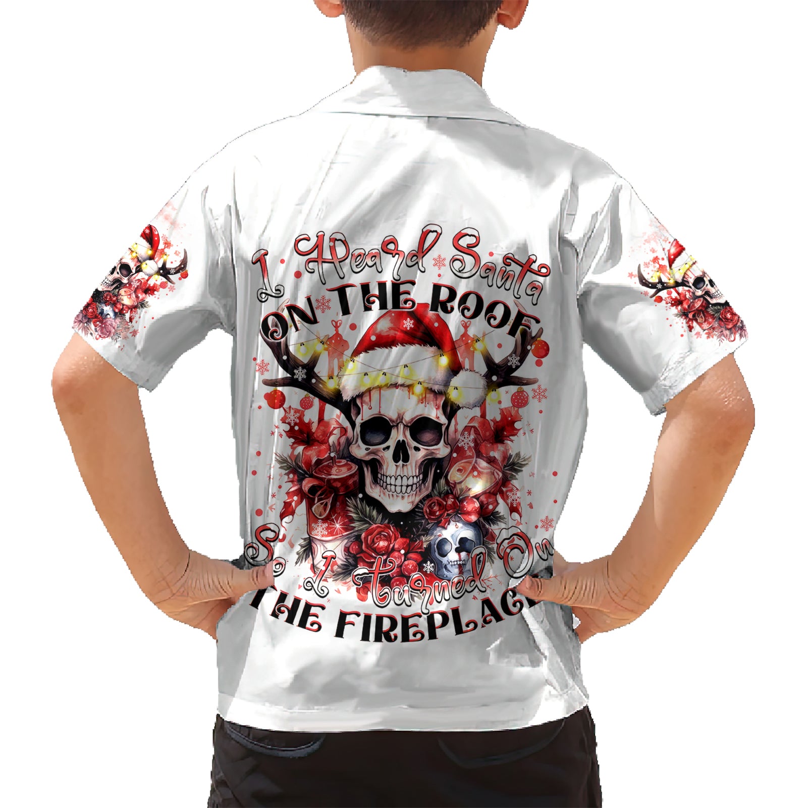 Skull Santa Claus Kid Hawaiian Shirt I Heard Santa On The Roof So I Turned On Fireplace - Wonder Print Shop