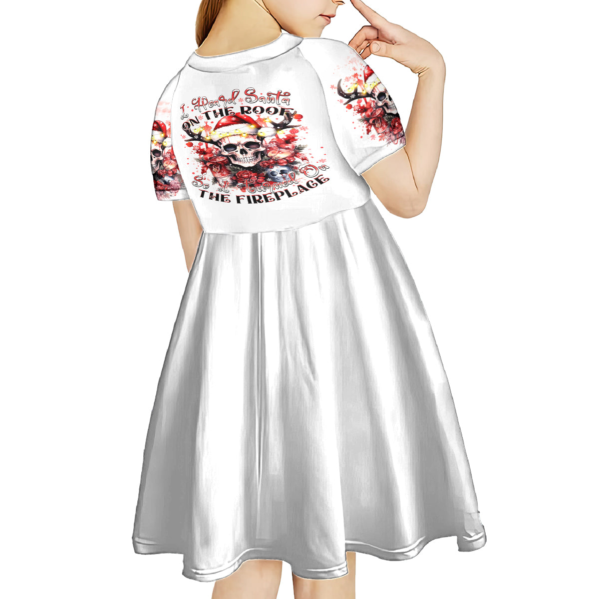 Skull Santa Claus Kid Short Sleeve Dress I Heard Santa On The Roof So I Turned On Fireplace - Wonder Print Shop