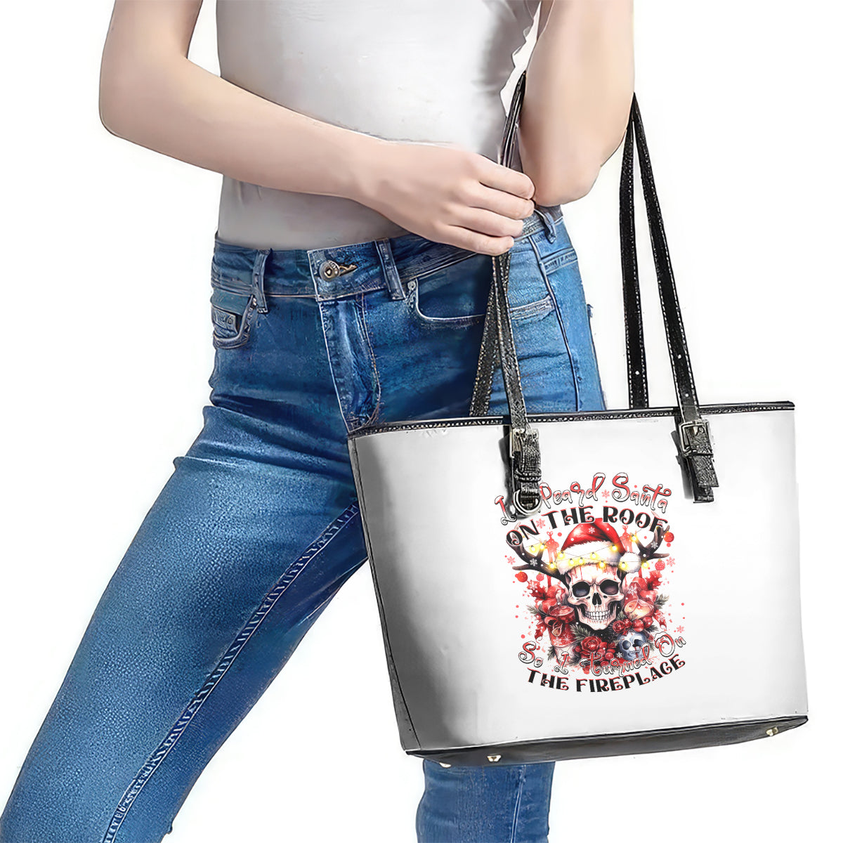 Skull Santa Claus Leather Tote Bag I Heard Santa On The Roof So I Turned On Fireplace - Wonder Print Shop