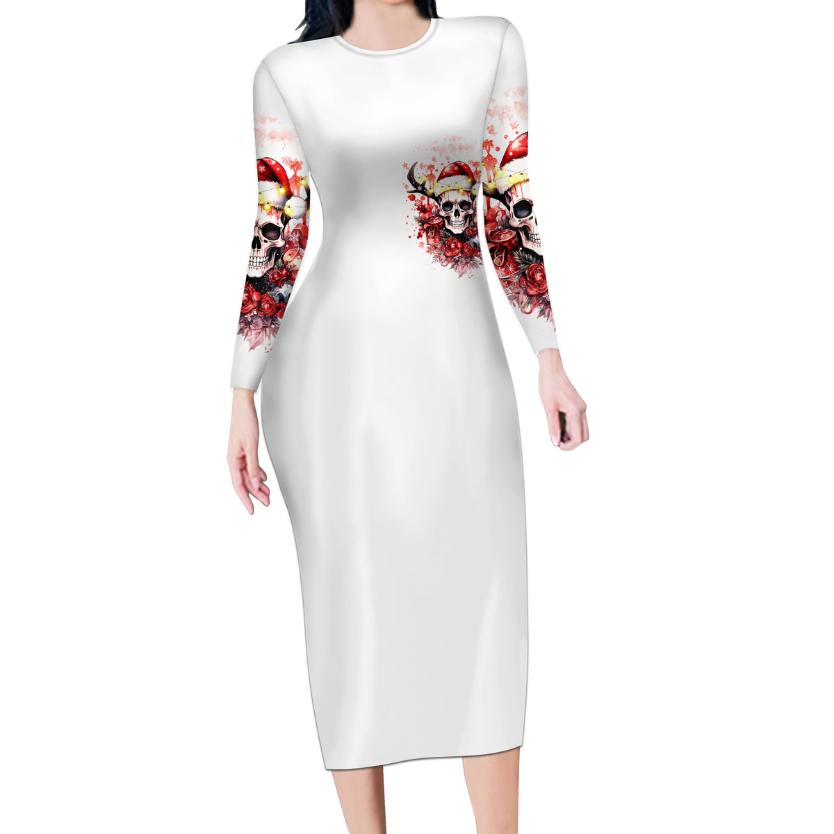 Skull Santa Claus Long Sleeve Bodycon Dress I Heard Santa On The Roof So I Turned On Fireplace - Wonder Print Shop