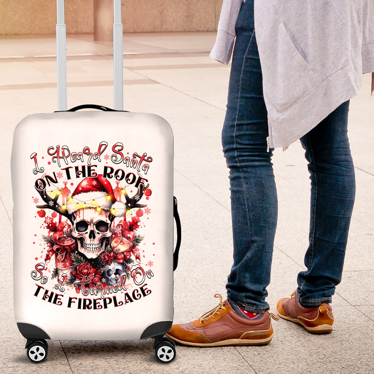 Skull Santa Claus Luggage Cover I Heard Santa On The Roof So I Turned On Fireplace - Wonder Print Shop