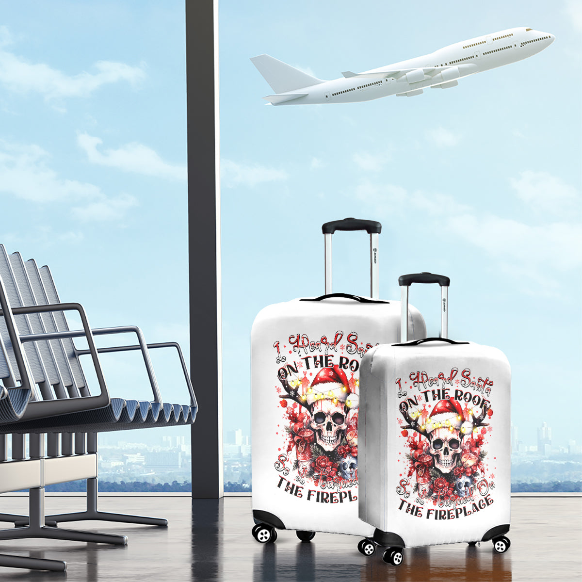 Skull Santa Claus Luggage Cover I Heard Santa On The Roof So I Turned On Fireplace - Wonder Print Shop