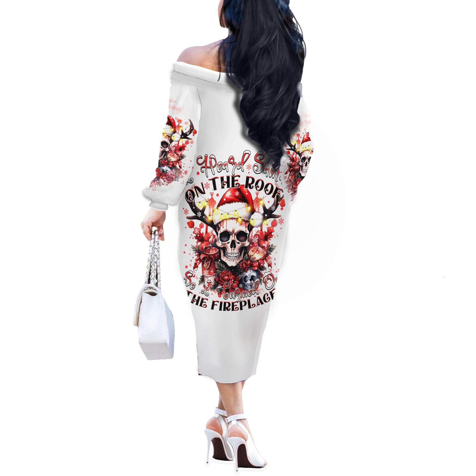 Skull Santa Claus Off The Shoulder Long Sleeve Dress I Heard Santa On The Roof So I Turned On Fireplace - Wonder Print Shop