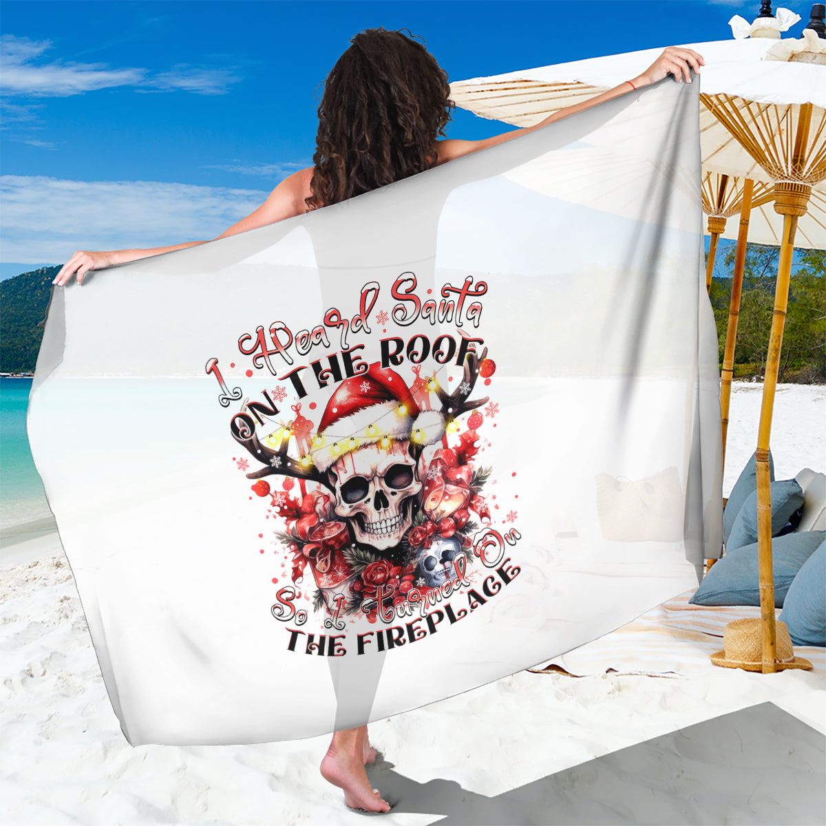 Skull Santa Claus Sarong I Heard Santa On The Roof So I Turned On Fireplace - Wonder Print Shop