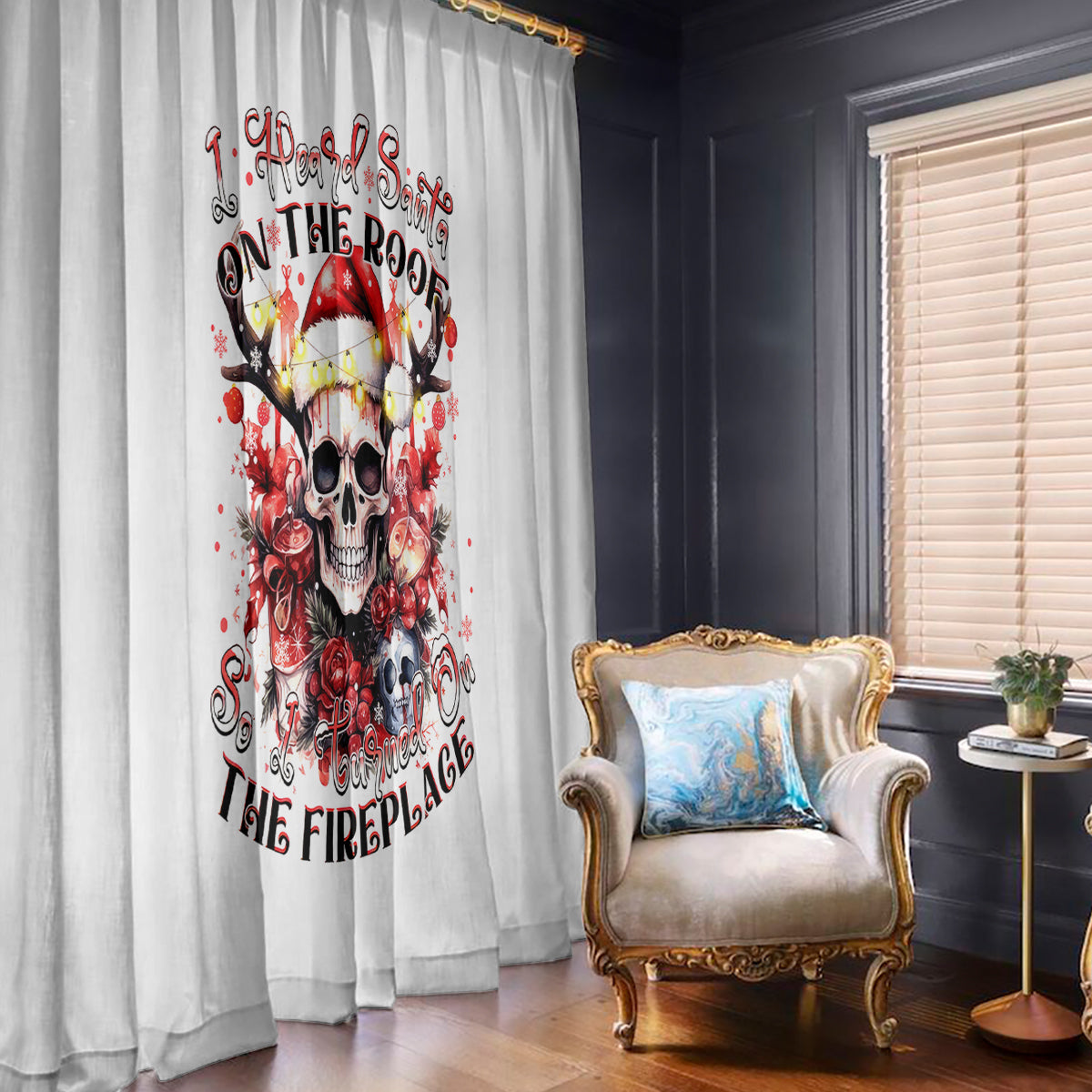 Skull Santa Claus Window Curtain I Heard Santa On The Roof So I Turned On Fireplace - Wonder Print Shop