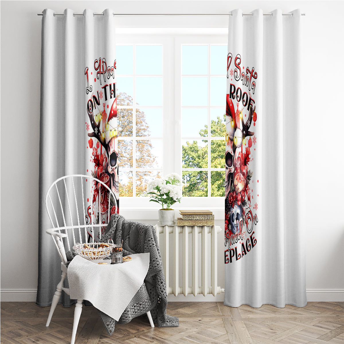 Skull Santa Claus Window Curtain I Heard Santa On The Roof So I Turned On Fireplace - Wonder Print Shop