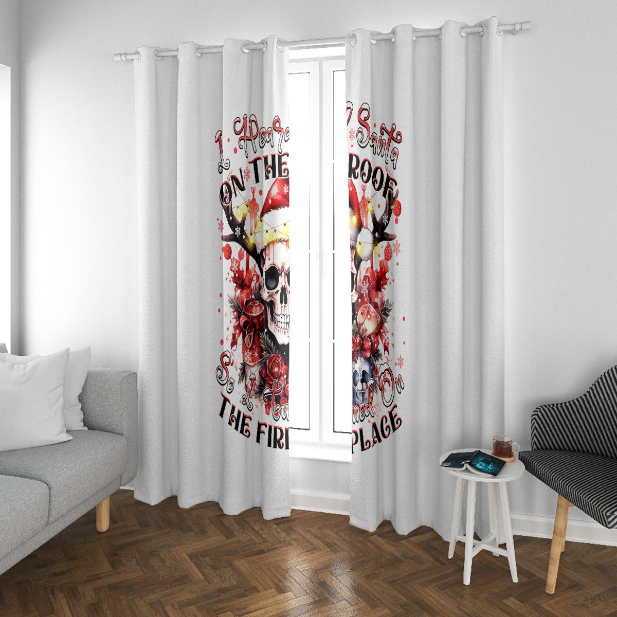 Skull Santa Claus Window Curtain I Heard Santa On The Roof So I Turned On Fireplace - Wonder Print Shop