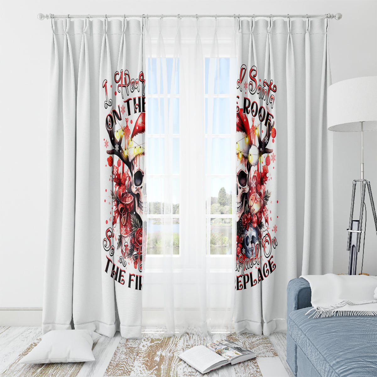 Skull Santa Claus Window Curtain I Heard Santa On The Roof So I Turned On Fireplace - Wonder Print Shop