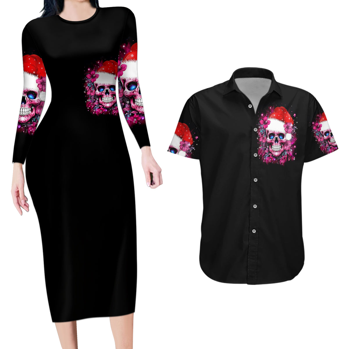 Skull Santa Claus Couples Matching Long Sleeve Bodycon Dress and Hawaiian Shirt I'm So Good Santa Came Juice - Wonder Print Shop