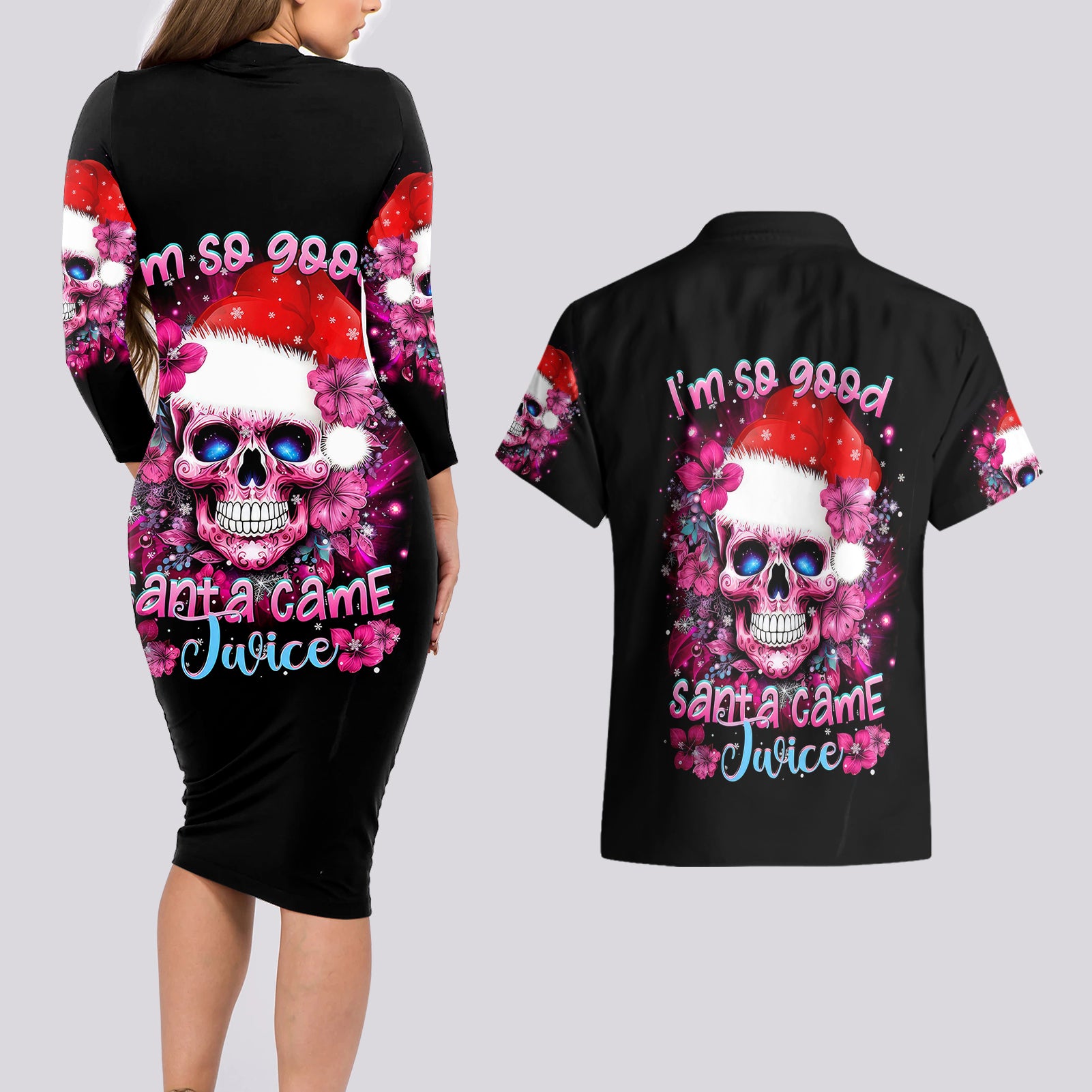 Skull Santa Claus Couples Matching Long Sleeve Bodycon Dress and Hawaiian Shirt I'm So Good Santa Came Juice - Wonder Print Shop