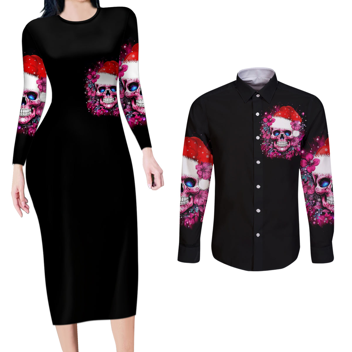 Skull Santa Claus Couples Matching Long Sleeve Bodycon Dress and Long Sleeve Button Shirt I'm So Good Santa Came Juice - Wonder Print Shop