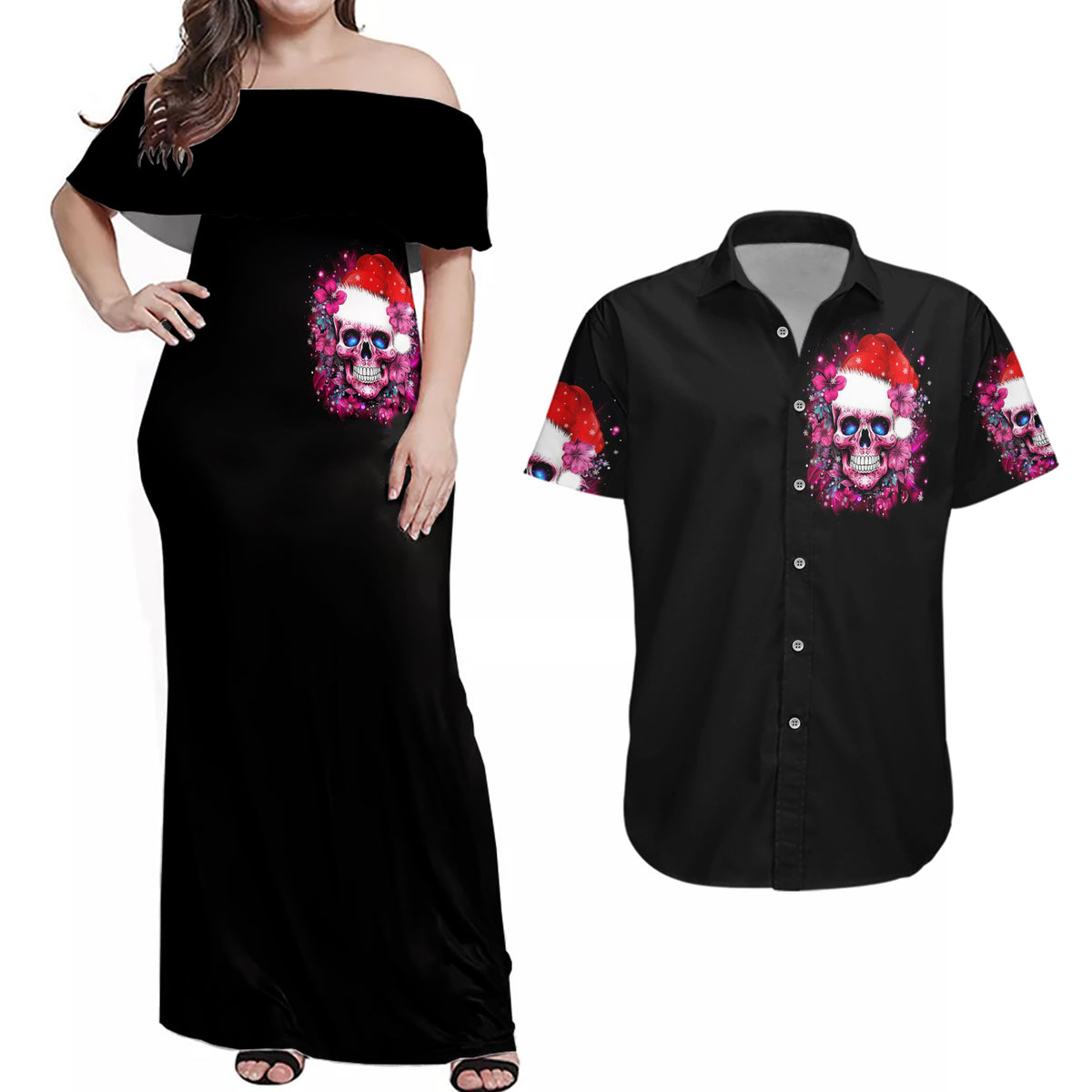 Skull Santa Claus Couples Matching Off Shoulder Maxi Dress and Hawaiian Shirt I'm So Good Santa Came Juice - Wonder Print Shop