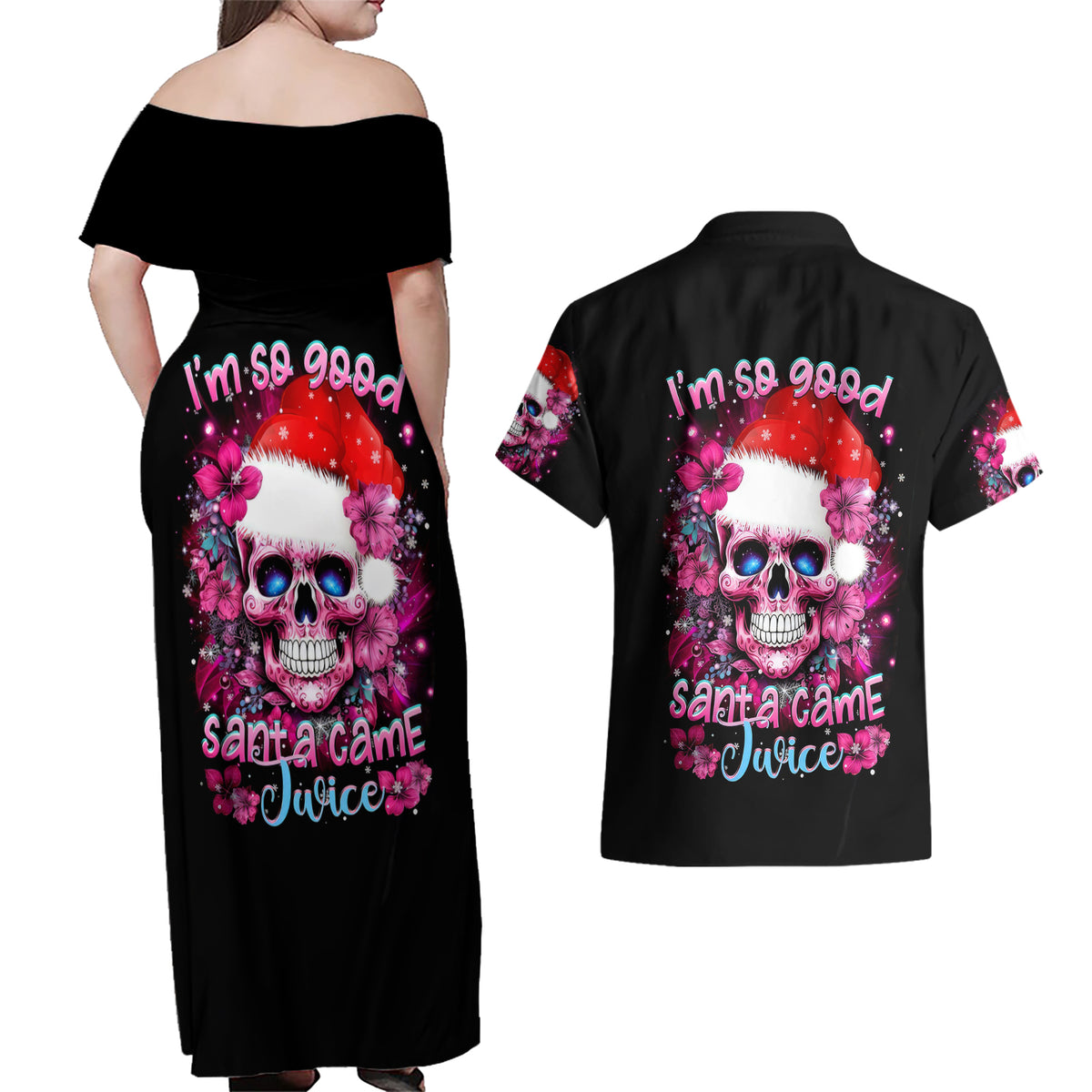 Skull Santa Claus Couples Matching Off Shoulder Maxi Dress and Hawaiian Shirt I'm So Good Santa Came Juice - Wonder Print Shop