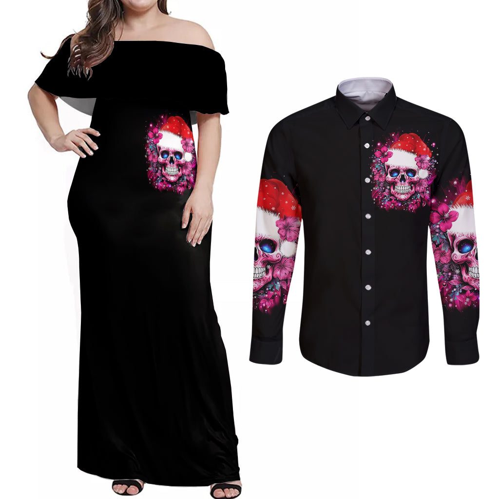Skull Santa Claus Couples Matching Off Shoulder Maxi Dress and Long Sleeve Button Shirt I'm So Good Santa Came Juice - Wonder Print Shop