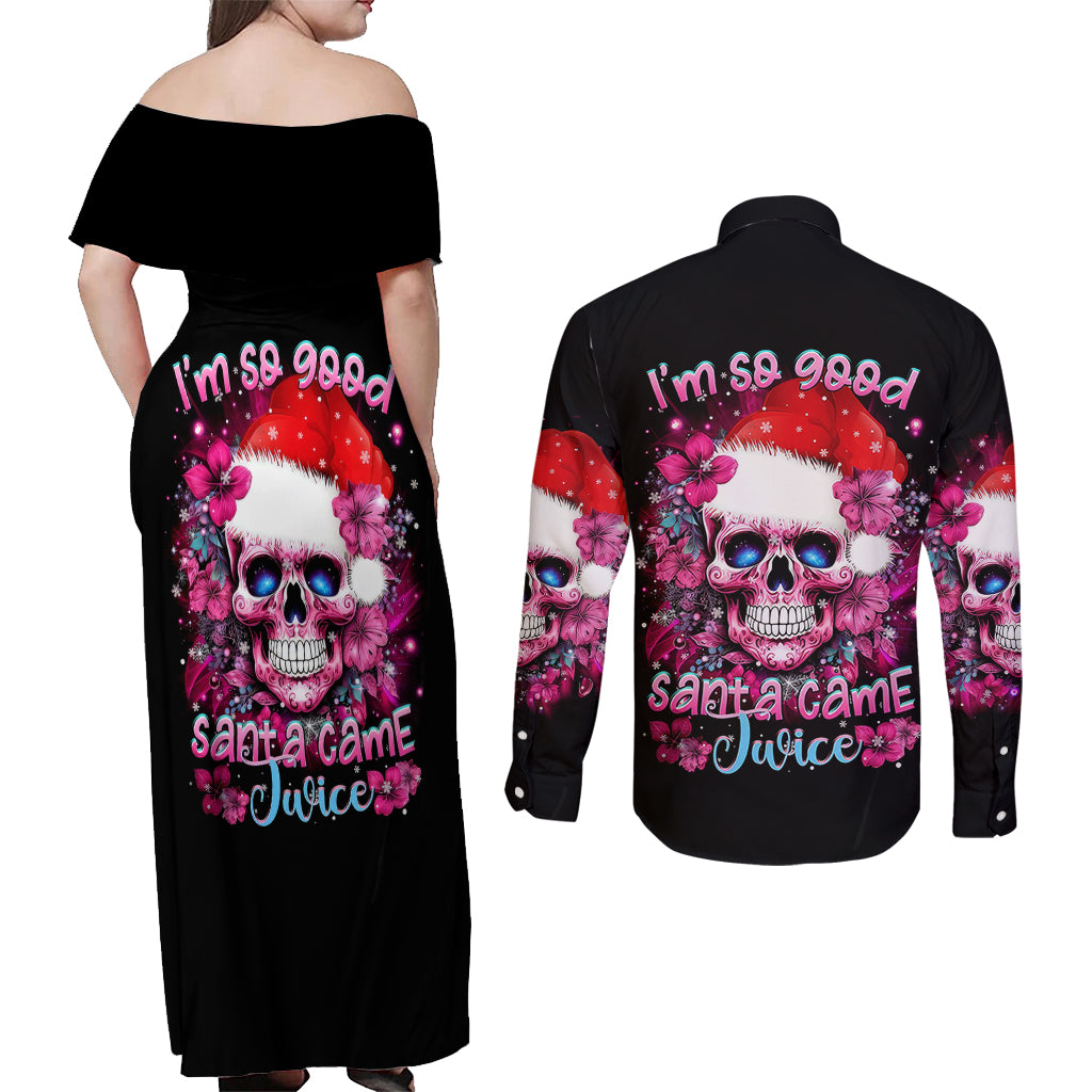 Skull Santa Claus Couples Matching Off Shoulder Maxi Dress and Long Sleeve Button Shirt I'm So Good Santa Came Juice - Wonder Print Shop