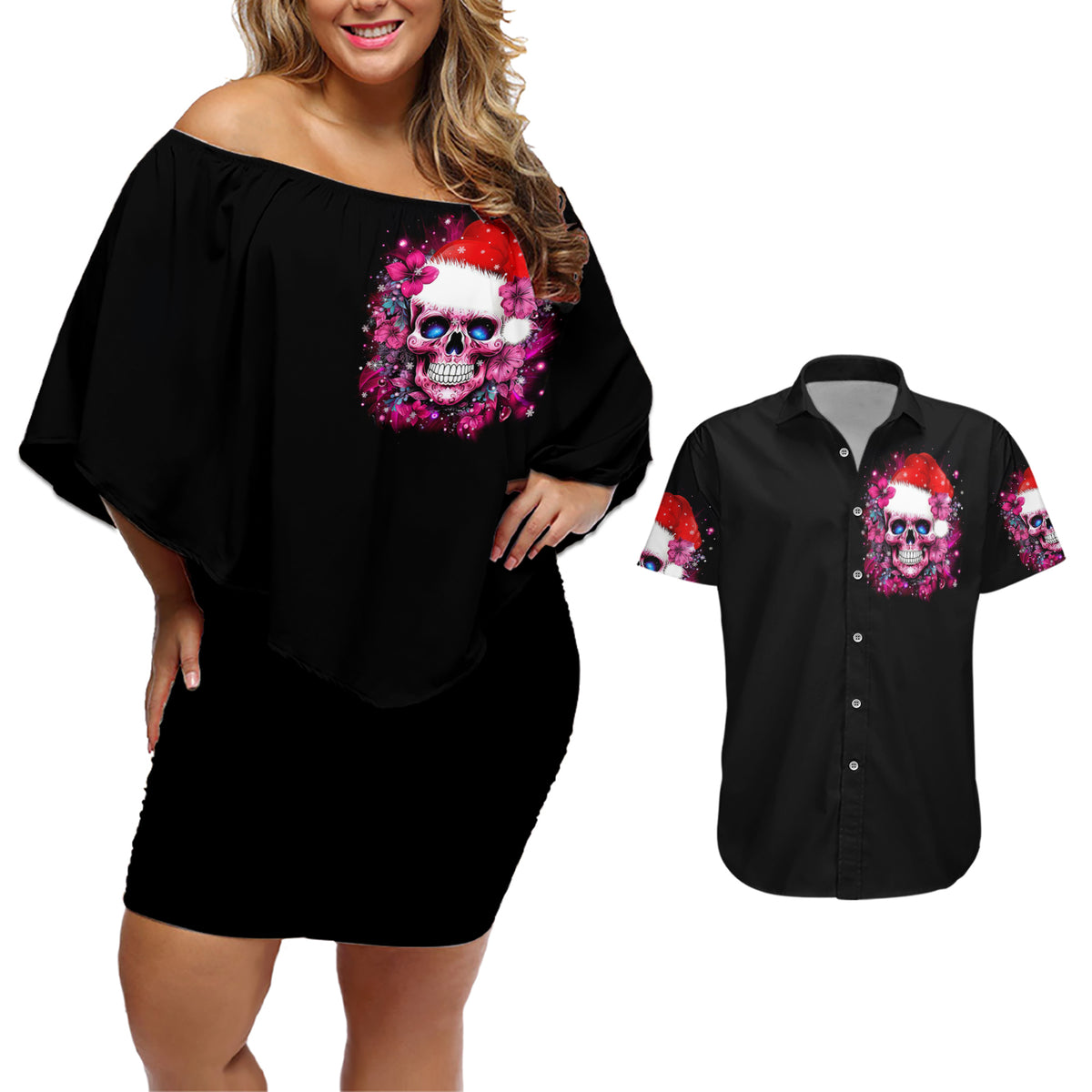 Skull Santa Claus Couples Matching Off Shoulder Short Dress and Hawaiian Shirt I'm So Good Santa Came Juice - Wonder Print Shop