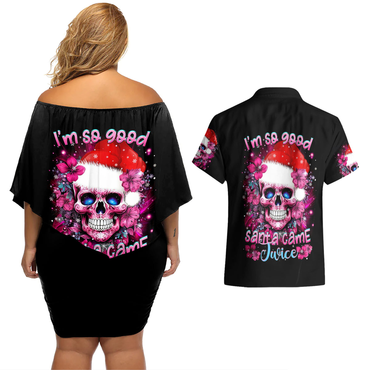 Skull Santa Claus Couples Matching Off Shoulder Short Dress and Hawaiian Shirt I'm So Good Santa Came Juice - Wonder Print Shop