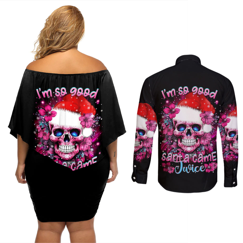Skull Santa Claus Couples Matching Off Shoulder Short Dress and Long Sleeve Button Shirt I'm So Good Santa Came Juice - Wonder Print Shop