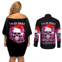 Skull Santa Claus Couples Matching Off Shoulder Short Dress and Long Sleeve Button Shirt I'm So Good Santa Came Juice - Wonder Print Shop