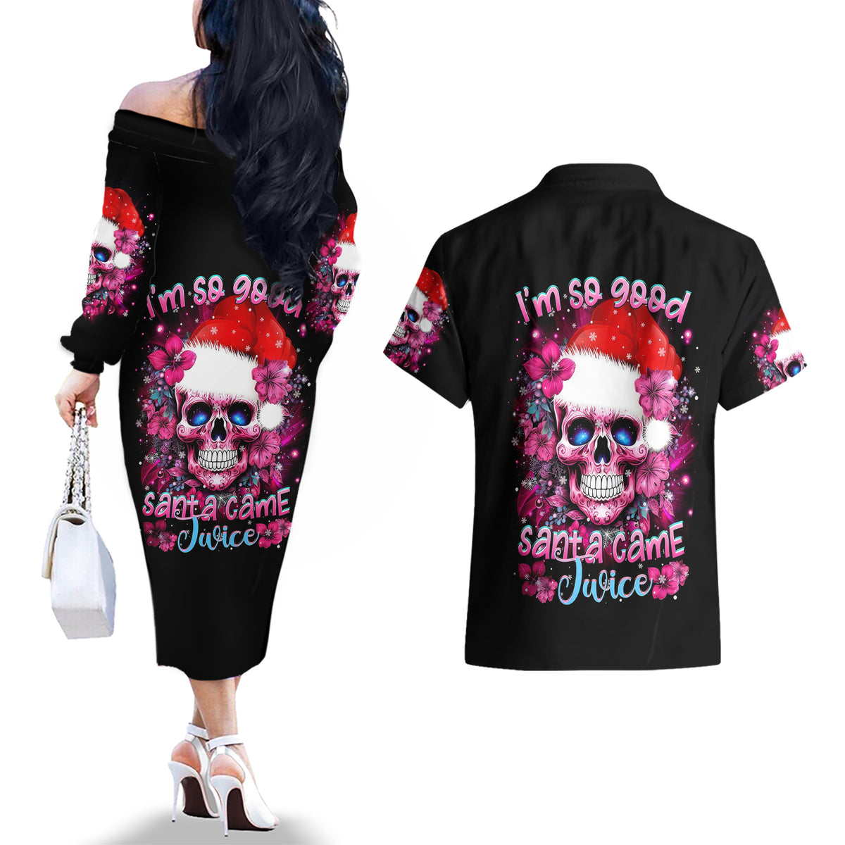 Skull Santa Claus Couples Matching Off The Shoulder Long Sleeve Dress and Hawaiian Shirt I'm So Good Santa Came Juice - Wonder Print Shop
