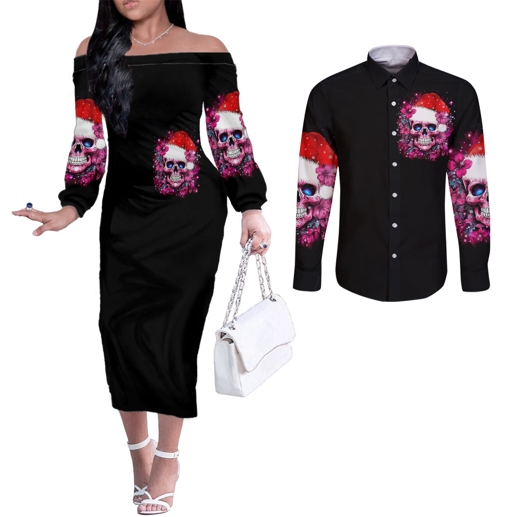 skull-santa-claus-couples-matching-off-the-shoulder-long-sleeve-dress-and-long-sleeve-button-shirt-im-so-good-santa-came-juice