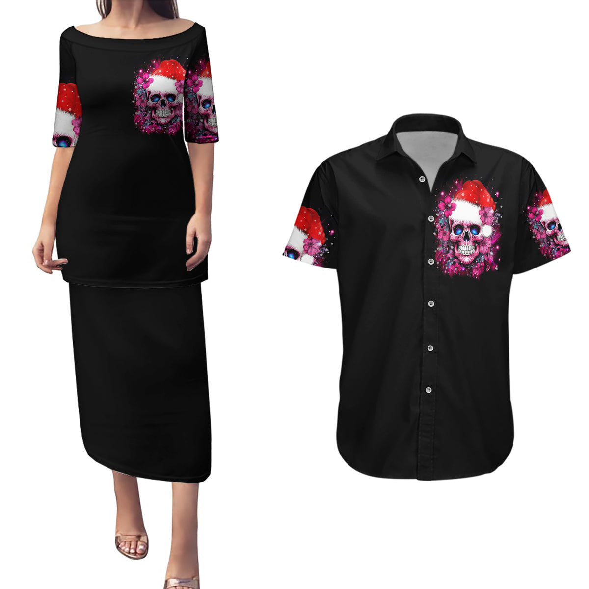 Skull Santa Claus Couples Matching Puletasi Dress and Hawaiian Shirt I'm So Good Santa Came Juice - Wonder Print Shop